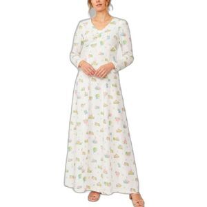Vintage 70s Handmade Women's White Floral Print Swiss Dot LS Maxi Dress Size S